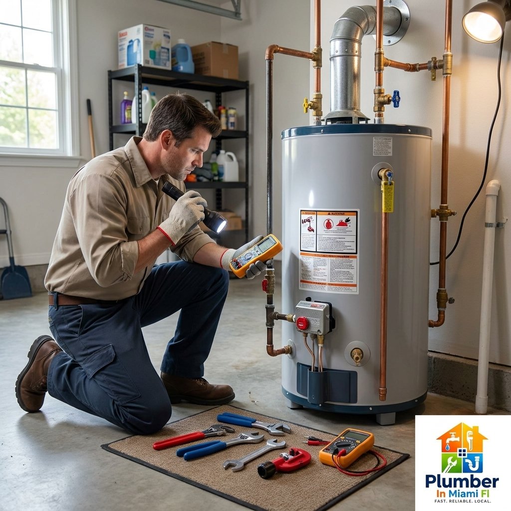 Plumber checking water heater connections for Hialeah plumbing service