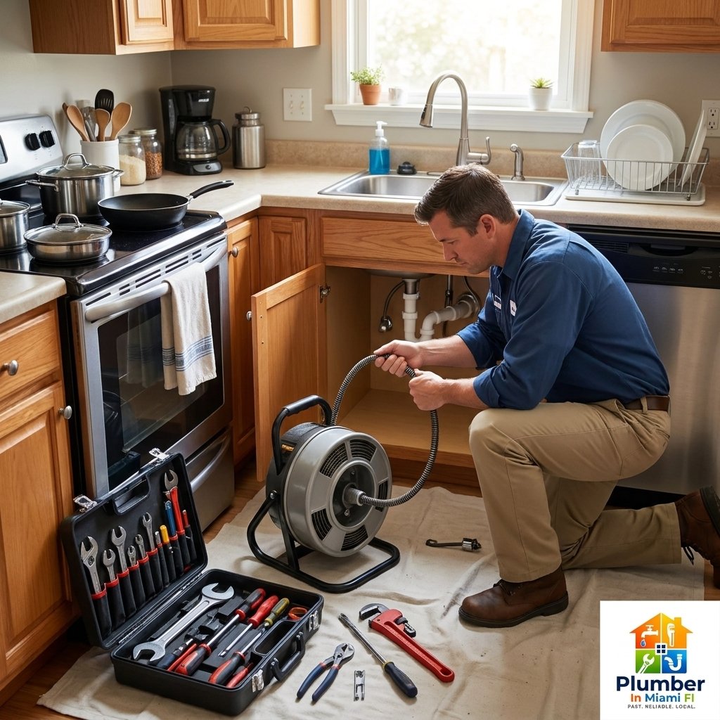 Plumber cleaning a kitchen drain for Hialeah plumbing service