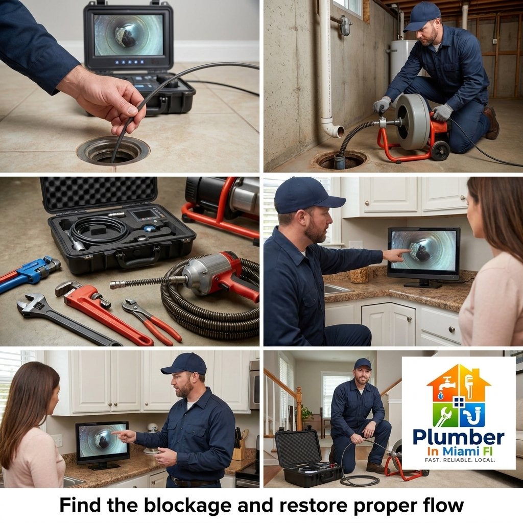 Miami plumber using a drain camera inspection system to find a blockage inside a residential drain line