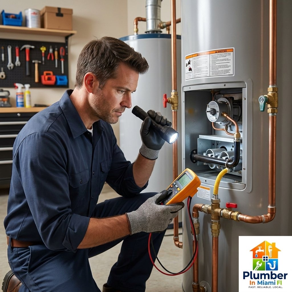 Plumber inspecting a water heater for Hialeah repair service