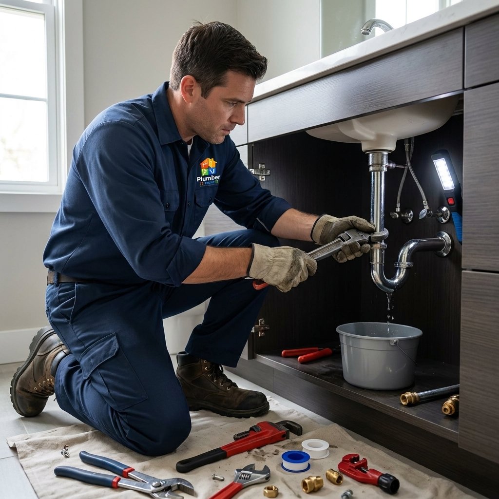 Plumber repairing a leaking pipe for Hialeah plumbing service