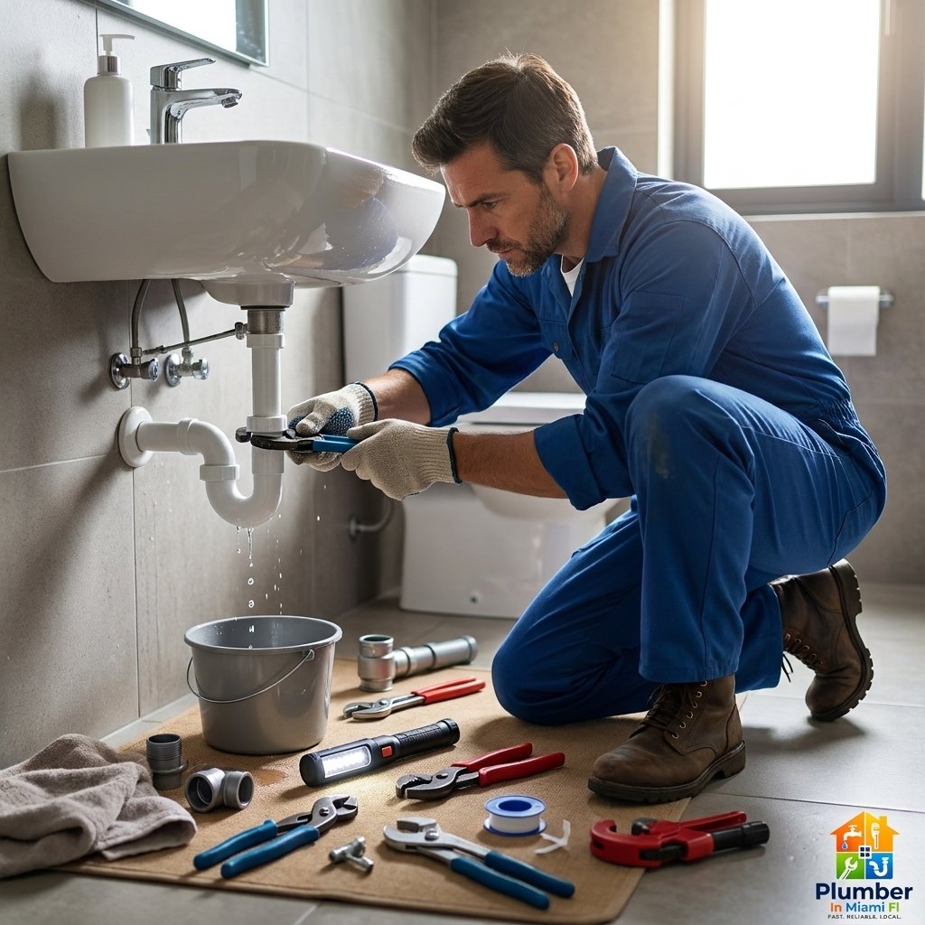 Close-up of plumber repairing leaking pipe for Hialeah plumbing service