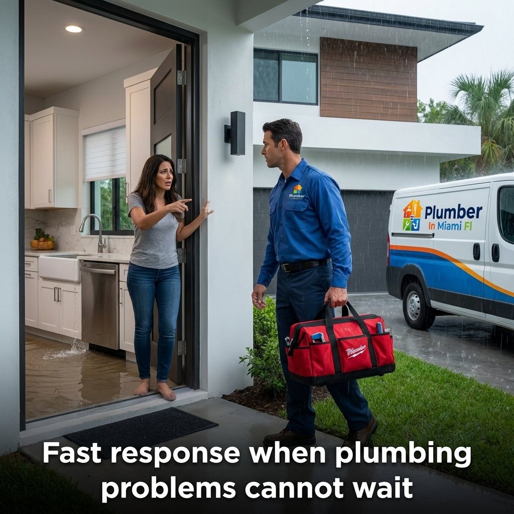 Miami emergency plumber responding from a branded service van to repair an active home plumbing problem