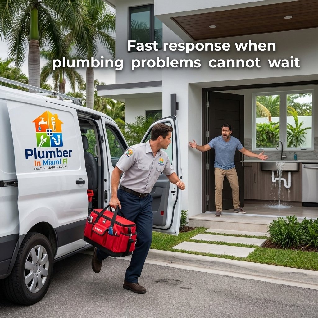 Emergency plumber arriving at a Miami home during heavy rain to respond to an urgent plumbing leak