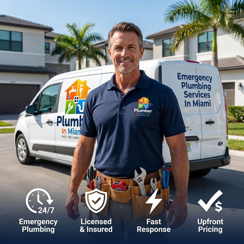 Miami plumber standing in front of a branded plumbing service van with tools ready for repair work