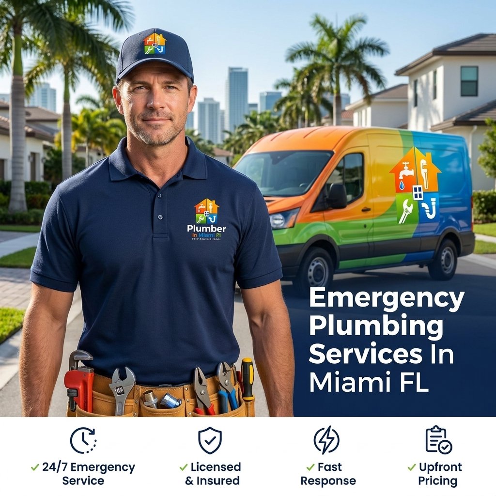 Emergency plumbing service van in Miami with a plumber ready for urgent repair calls