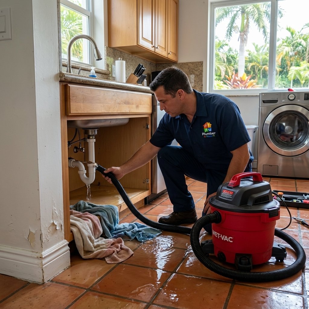 Technician cleaning burst pipe leak in Miami FL