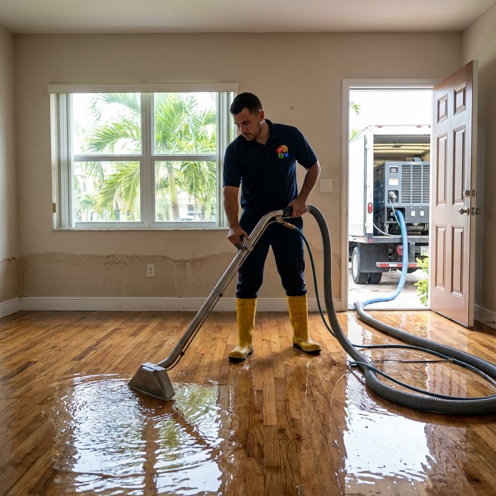 Technician extracting water from a flooded home in Miami FL